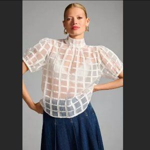 Maeve Sheer Grid Short-Sleeve Blouse